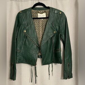 Rachel Roy Green Genuine Leather Moto Jacket - Size Large